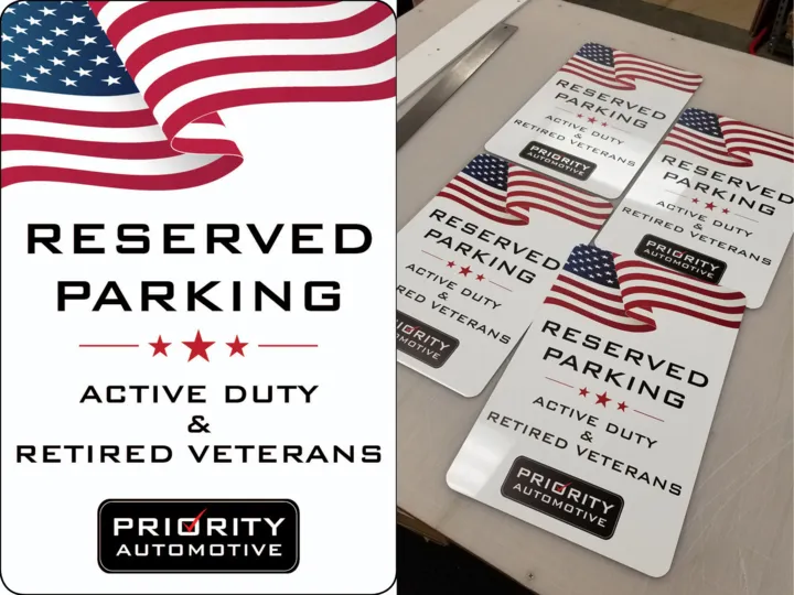 Priority Automotive reserved parking signs for active duty and retired veterans