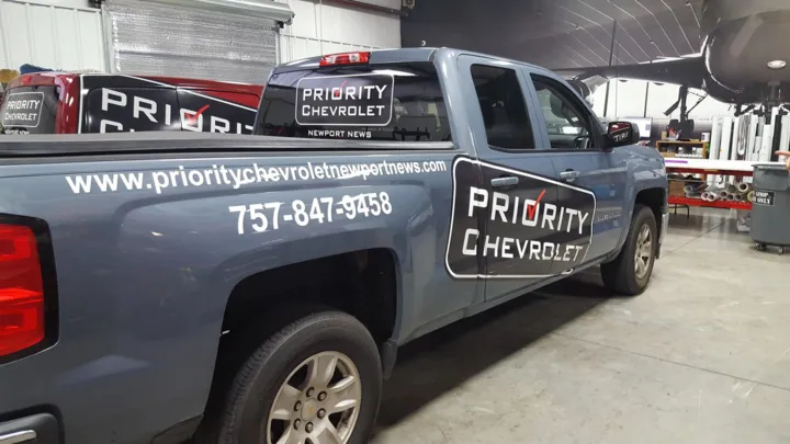 Priority Chevrolet wrap on a Silverado