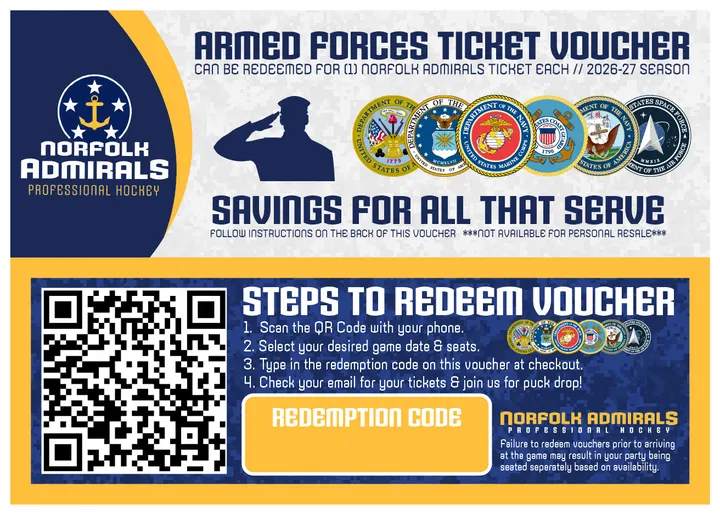 Norfolk Admirals armed forces ticket voucher, front and back