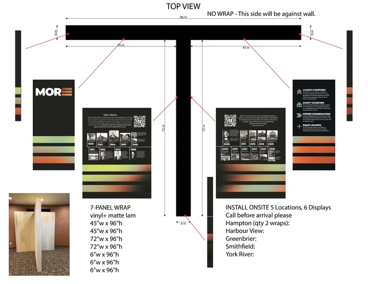 T display mockup: seven-panel wrap layout with dimensions