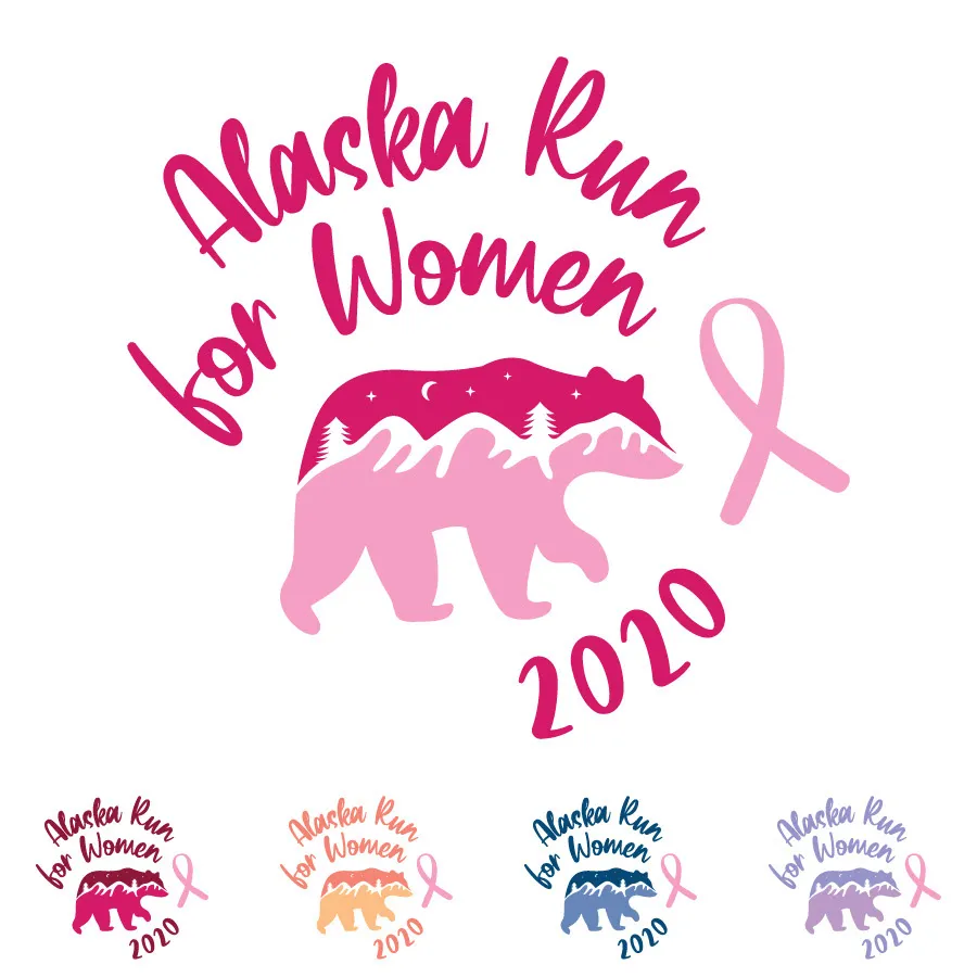 2020 design: a bear silhouette filled with mountains under hand-lettered Alaska Run for Women, with four color variants