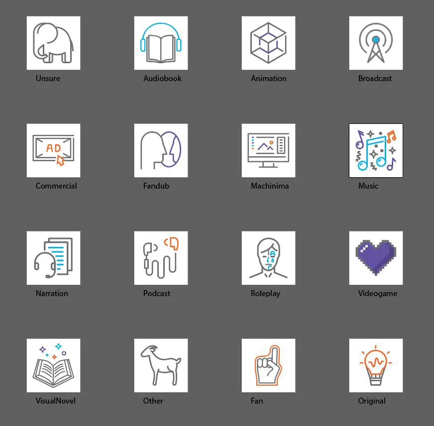 Set of sixteen line icons for project categories