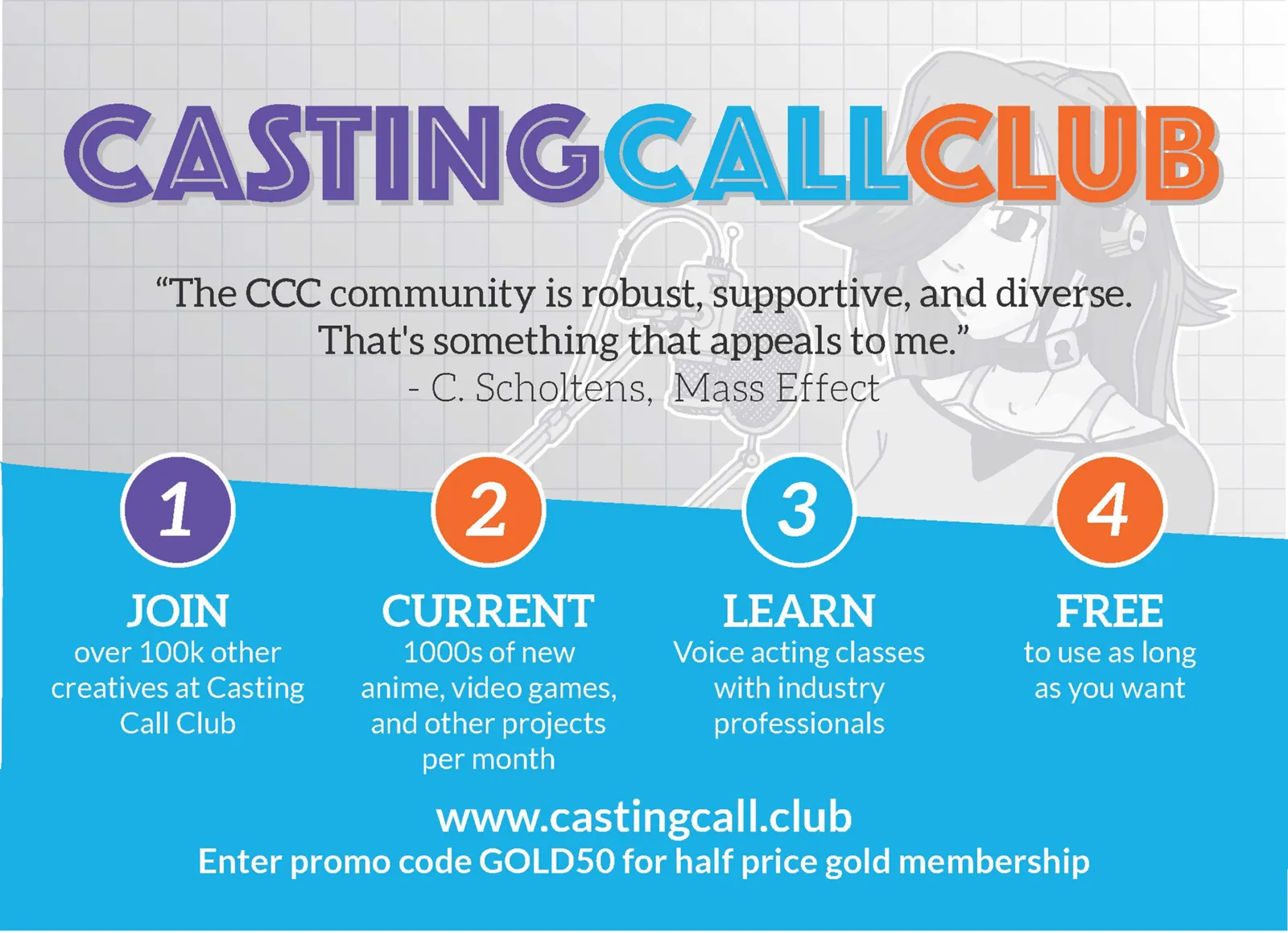 Casting Call Club flyer: join, current, learn, free