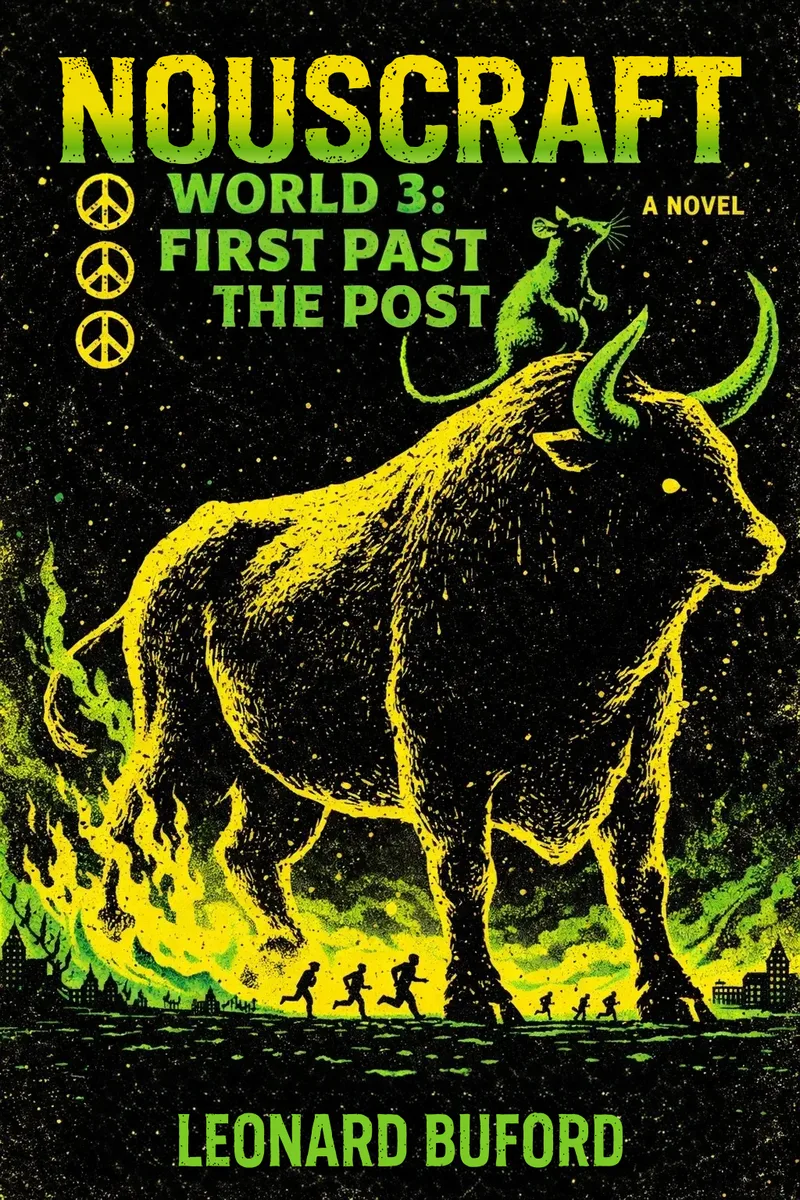 Nouscraft World 3: First Past the Post cover — a rat rides a charging bull through green fire